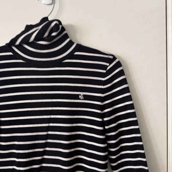 ☀️ RALPH LAUREN Striped Turtle Neck Long Sleeve Top Sweater Black White Preppy - Picture 7 of 8